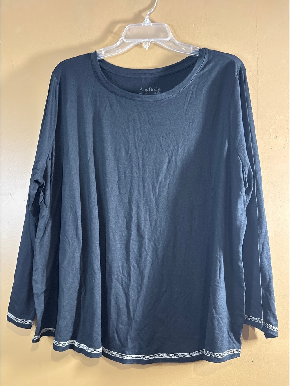 HC1252 AnyBody Long Sleeve Navy Blue Top with White Stitching Detail, Size 1X